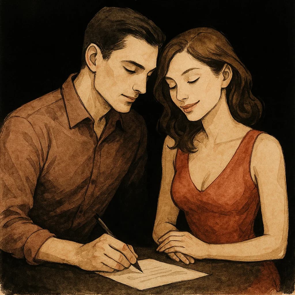 A man and woman sitting together at a table working on plans
