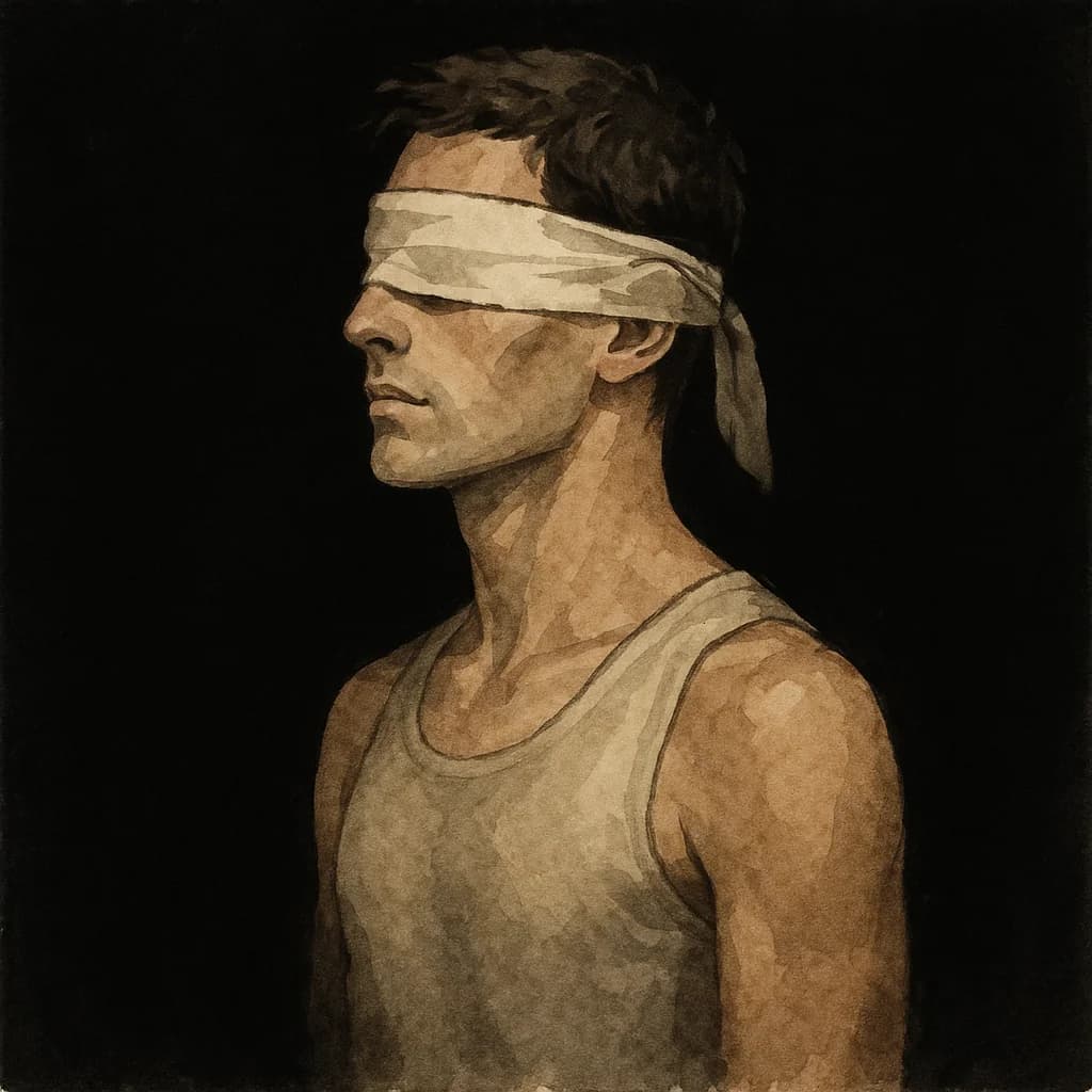 A person wearing a blindfold restricting sense of sight