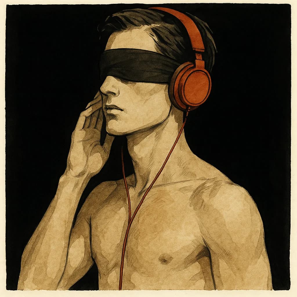 A person wearing both blindfold and headphones for extreme sensory deprivation