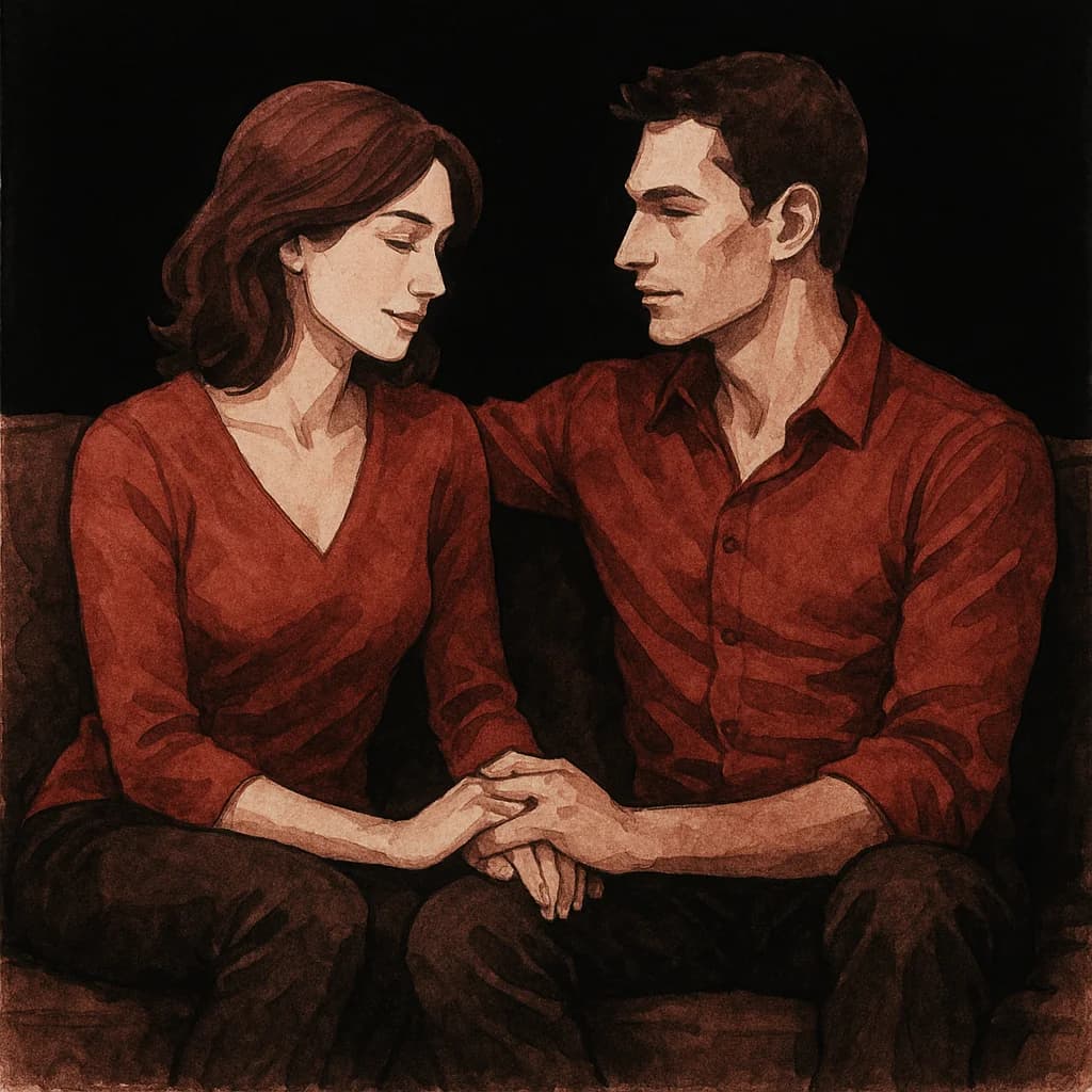 A couple sitting together on a couch having an intimate conversation about their dynamic