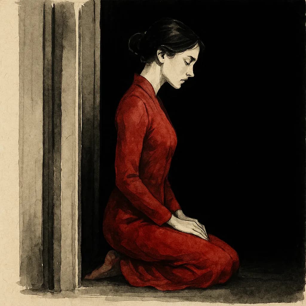 A woman kneeling in a doorway awaiting instruction