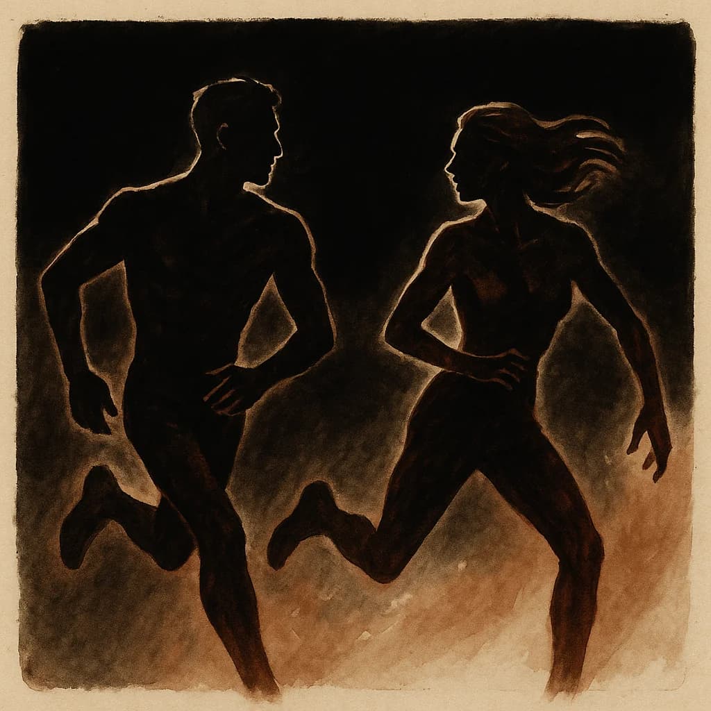 Two people in primal chase scenario running during hunter and hunted play