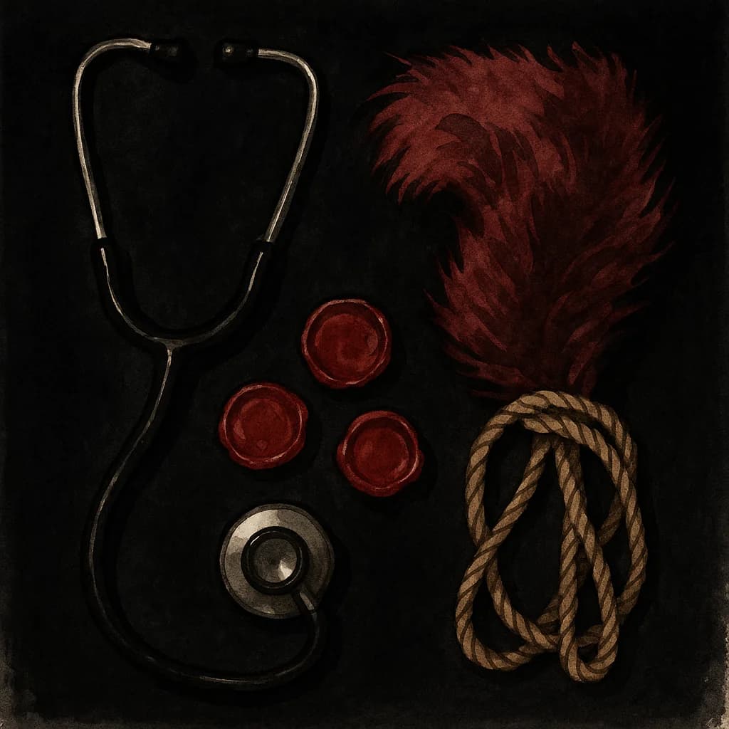 A display of various bondage tools and equipment including rope and implements