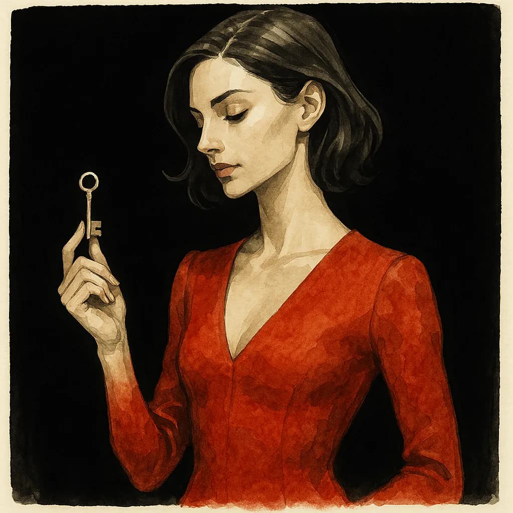 A female dominant holding the key to their male sub's chastity belt