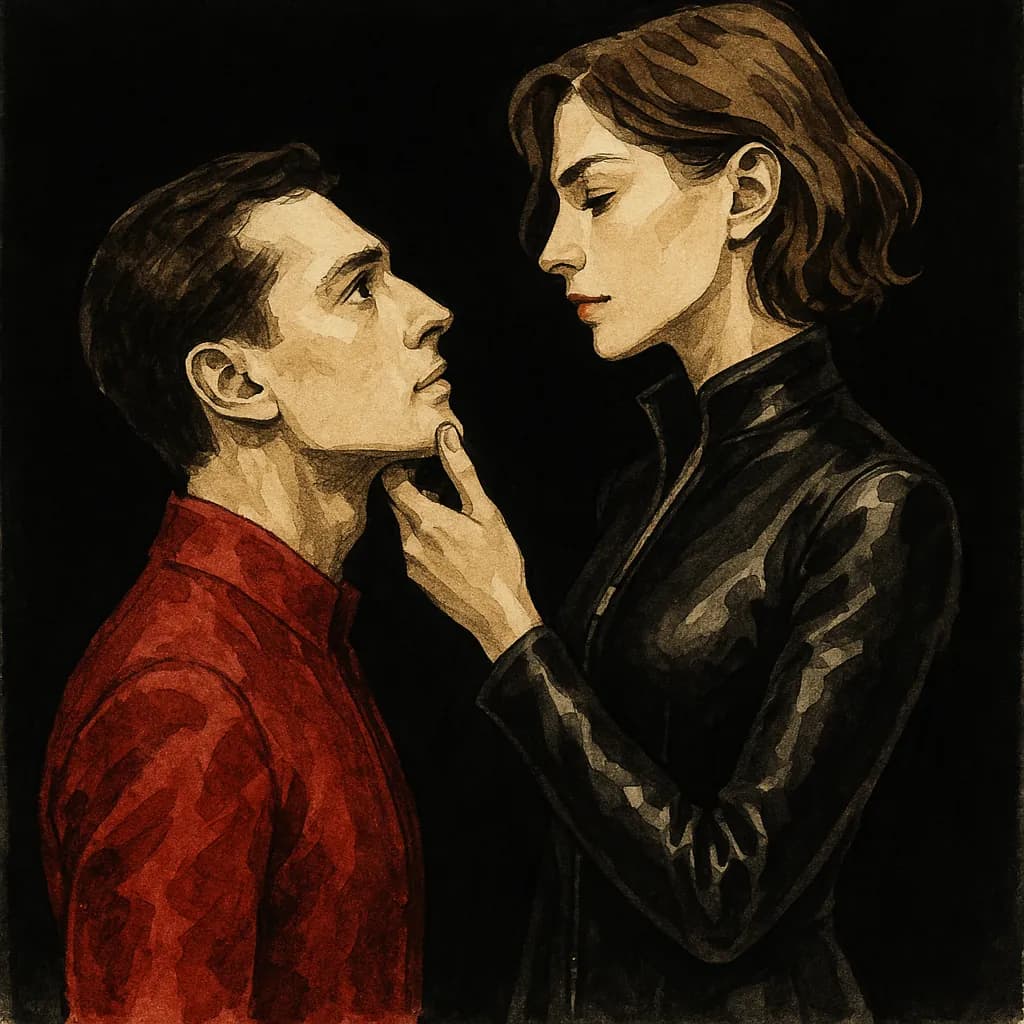 Female dominant viewing their chaste sub in the eyes