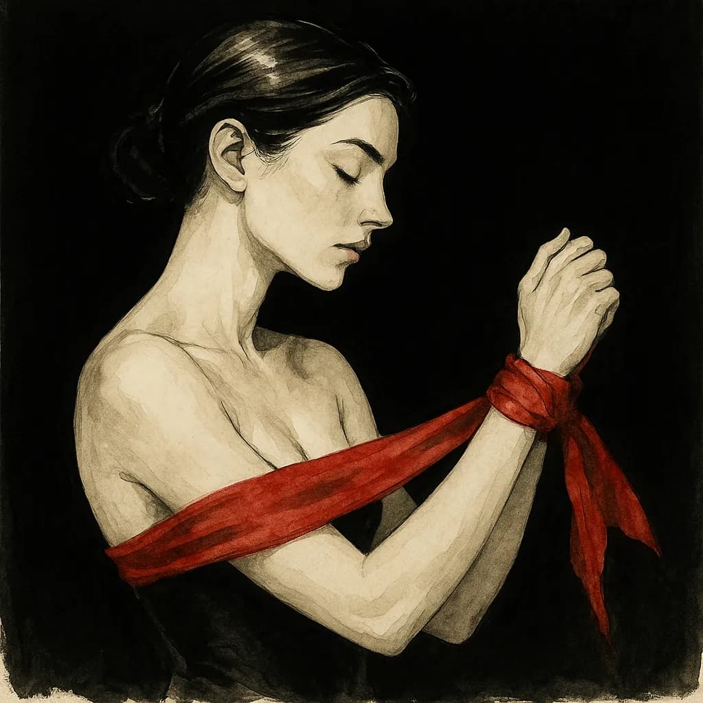 Woman experiencing bondage roleplay with a light silk scarf