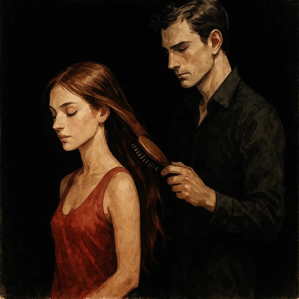 Woman brushing a partner's hair in a nurturing caregiver scene
