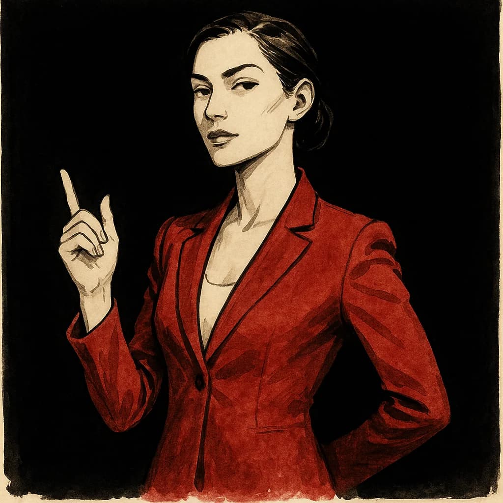 A woman stands with authoritative posture and confident demeanor