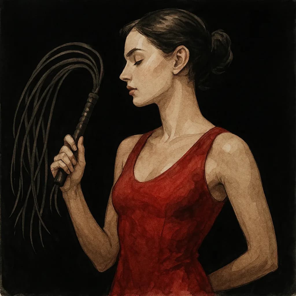 A dominant holding a cat o' nine tails whip for high-risk edge play