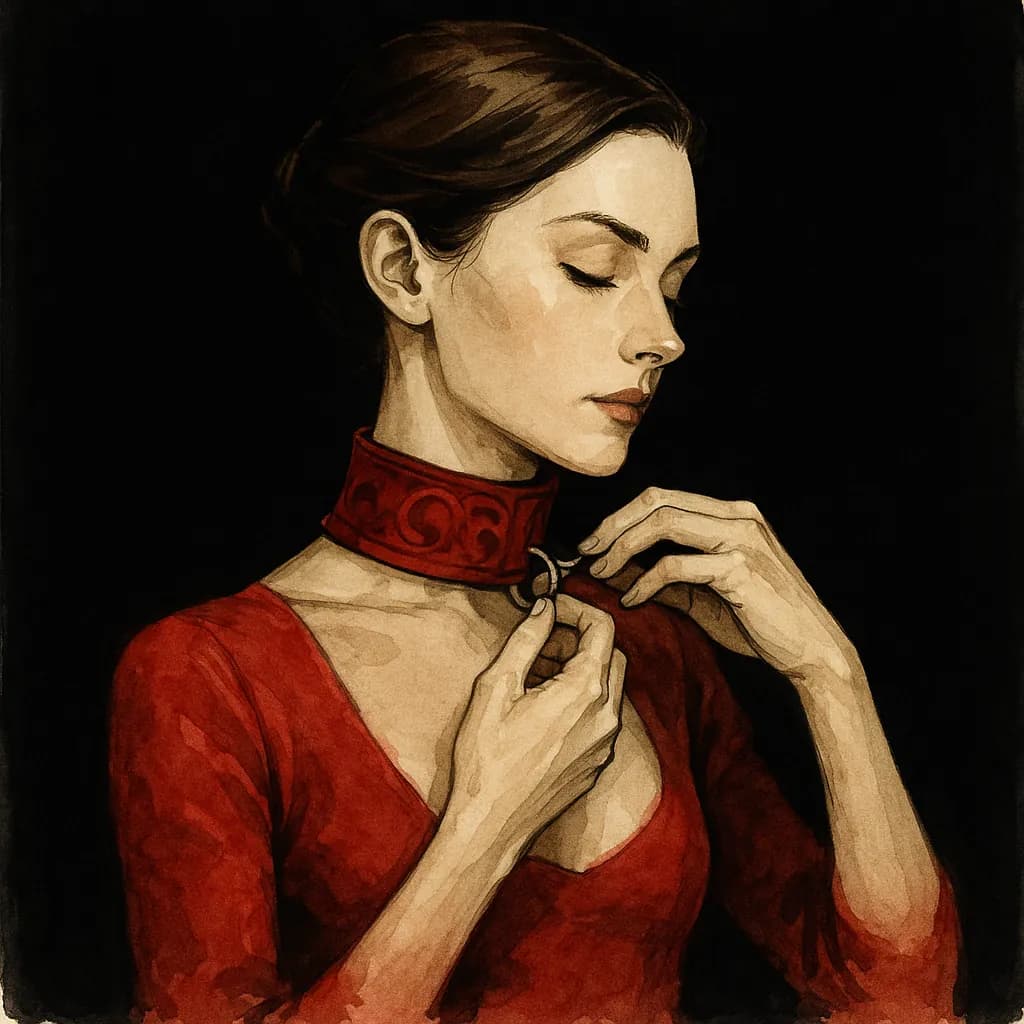 A decorative collar being clipped on during an intimate moment