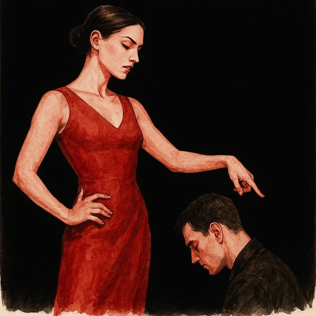 Dominant commanding submissive into specific position showing obedience in D/s relationship