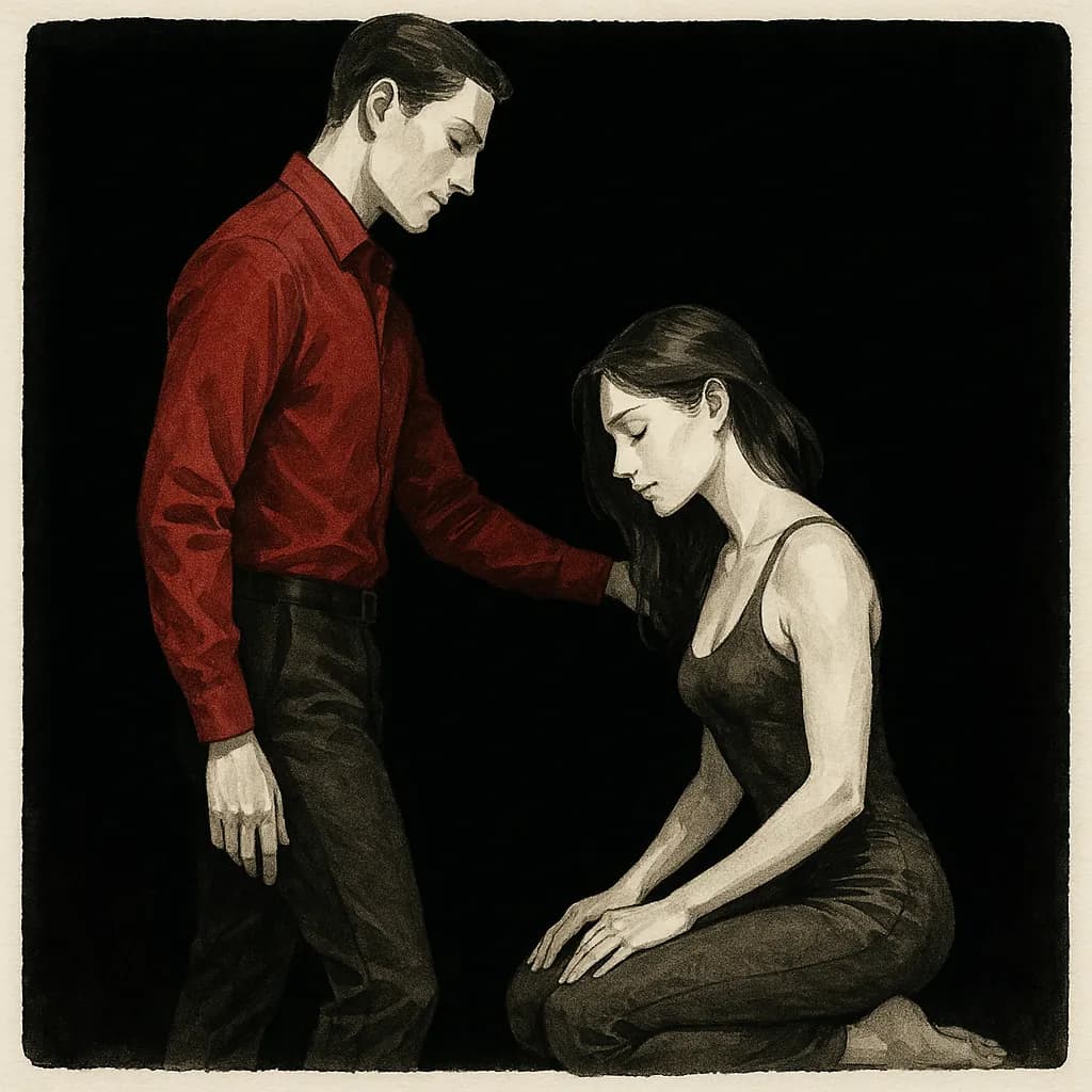 Submissive kneeling in graceful position showing dedication to their dominant