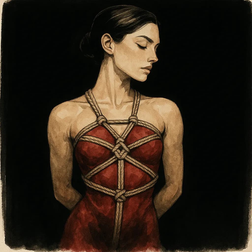 A woman displays rope bondage tied across her torso in a traditional Hishi weave pattern for rope bunnies