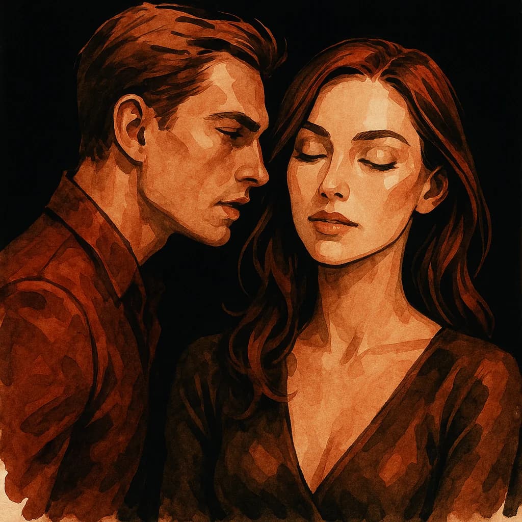 A couple sits close together with heads leaning toward each other engaged in intimate conversation