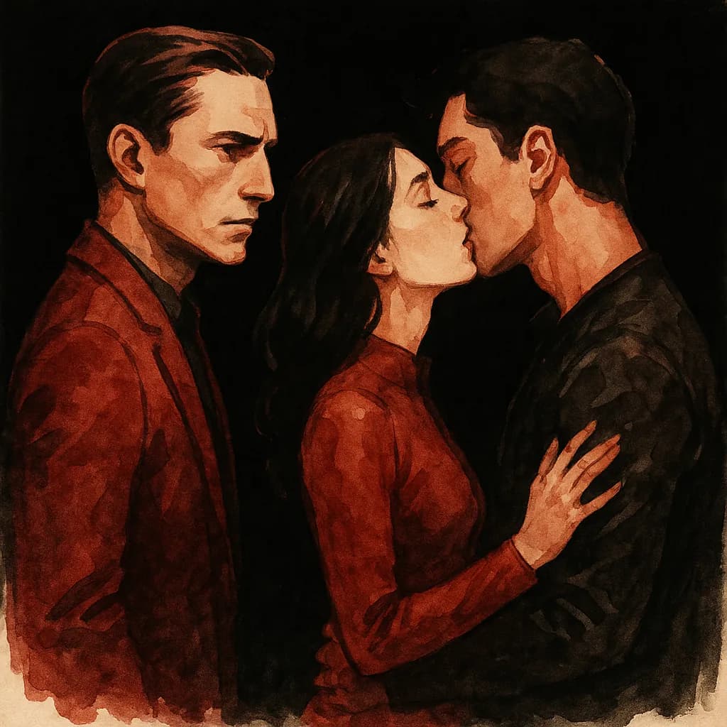 Man watching his hotwife kiss another man in cuckolding scenario