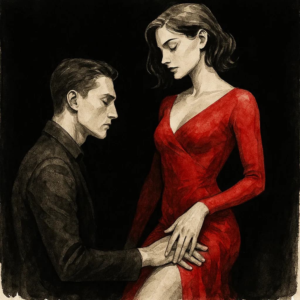 A powerful woman places her hand on a kneeling partner's shoulder in a dominant position