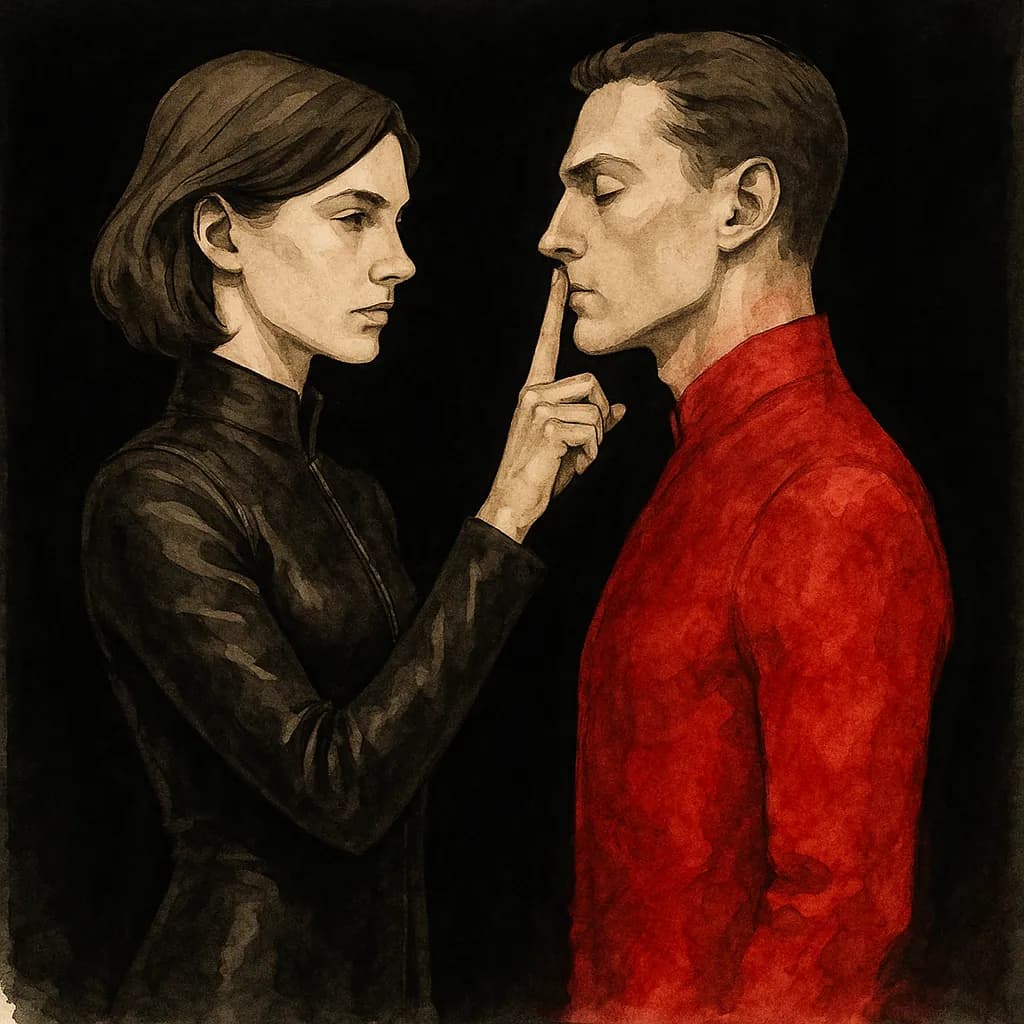 A powerful woman placing her fingers on a man's lips to signal silence