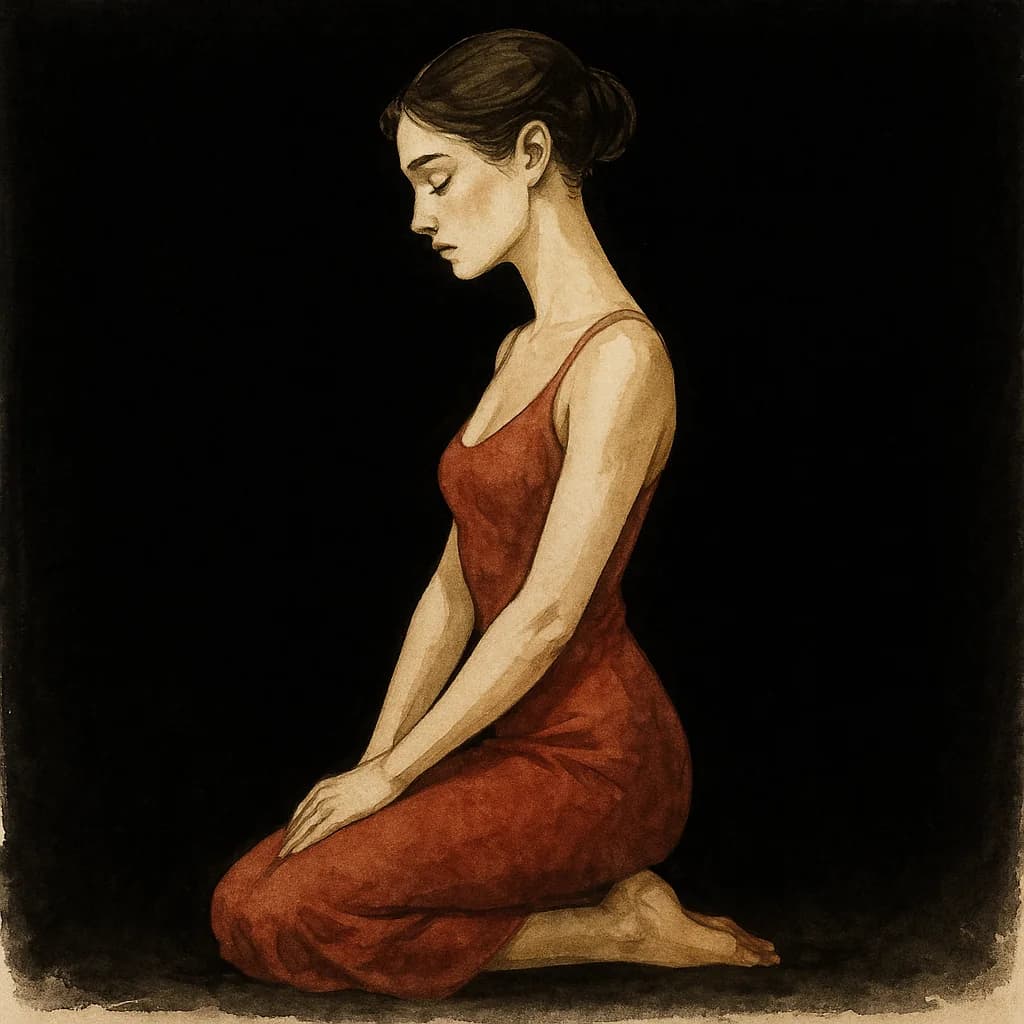 A woman kneeling in a formal submissive posture with hands resting on lap