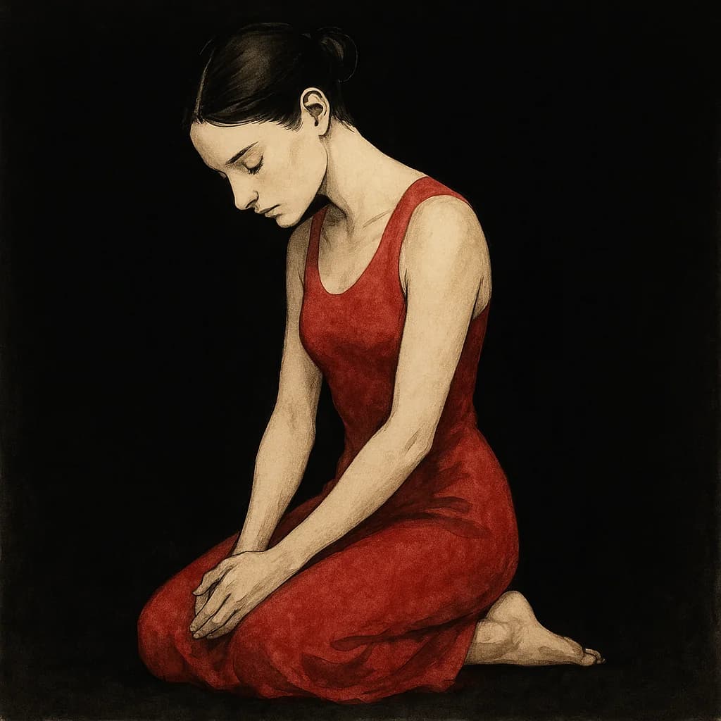 A woman kneels with hands folded in lap and eyes downcast showing submissive protocols