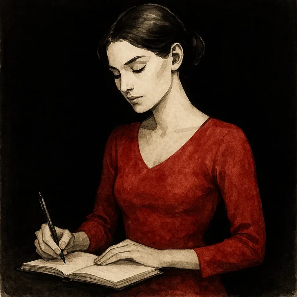 A woman sits at a table writing in a journal documenting her submissive journey and following D/s rules