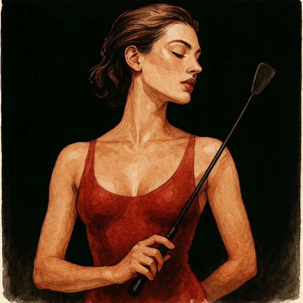 A woman holds a riding crop demonstrating impact play equipment