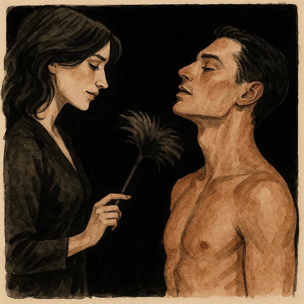 Clothed woman teasing shirtless male with feather in CFNM play scene