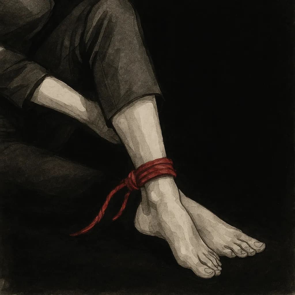 Rope bunny with ankles bound together in rope bondage safety demonstration