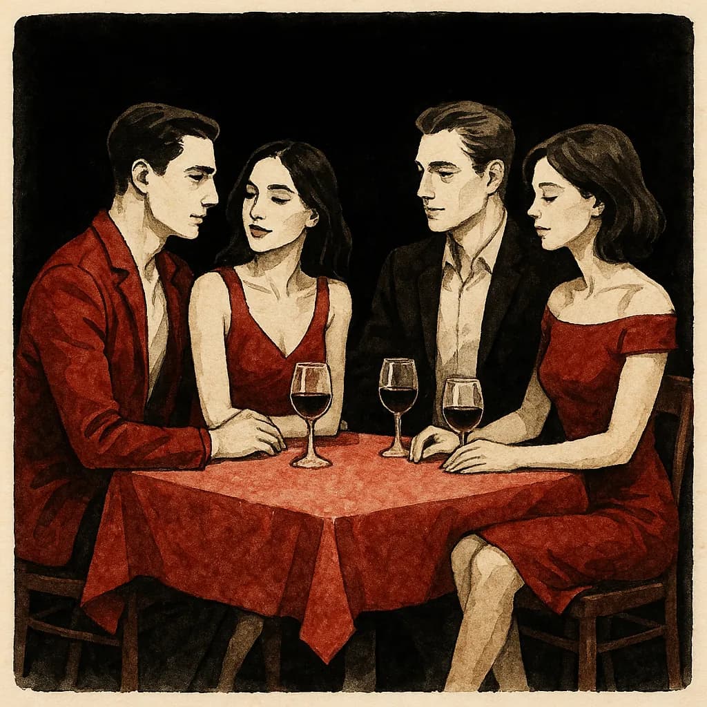 Two couples sitting at a restaurant table engaged in conversation
