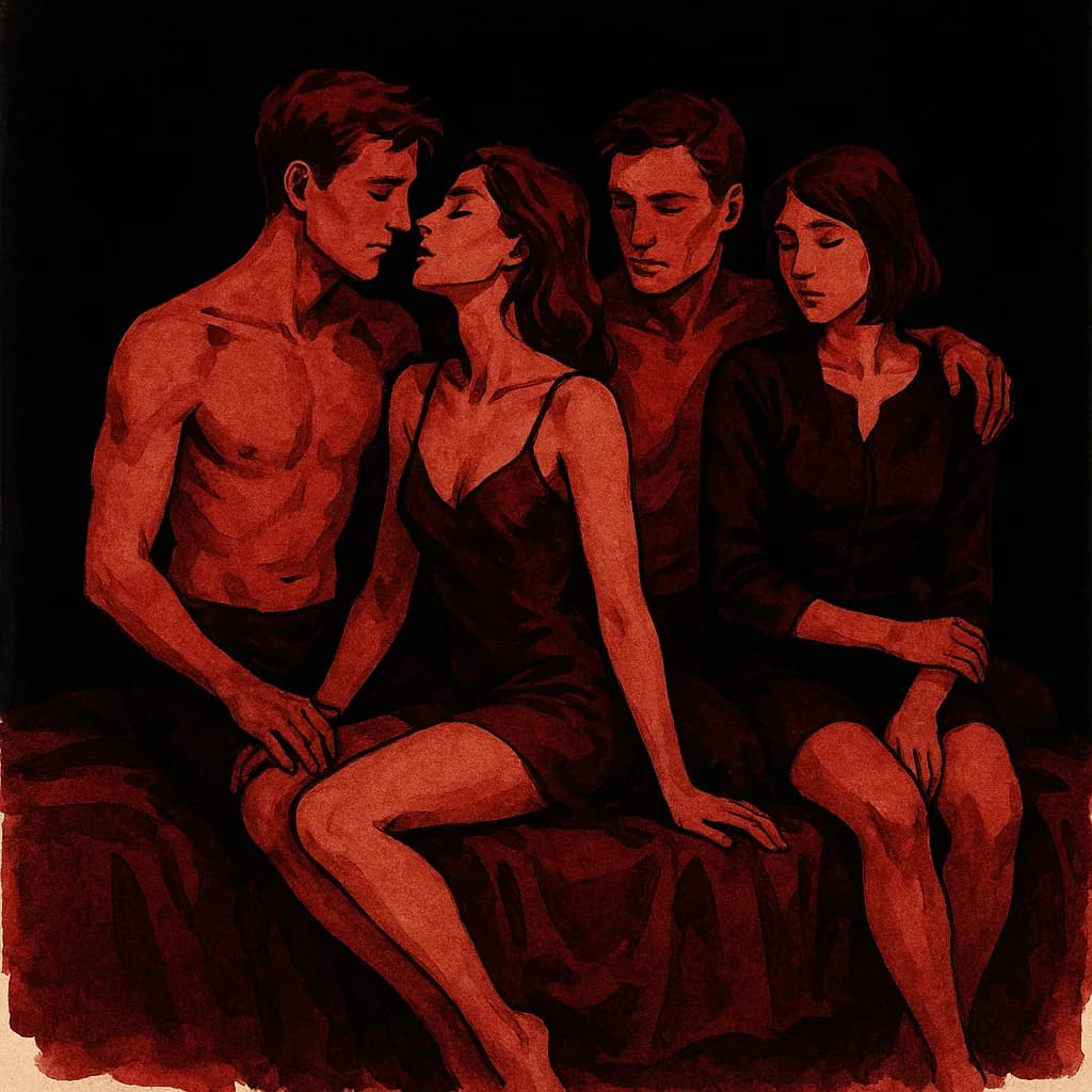 Four people sitting together on a bed exploring swinger play