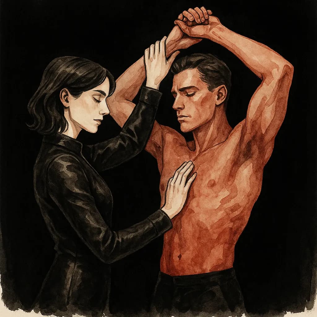 Clothed woman directing shirtless male submissive in CFNM roleplay scenario