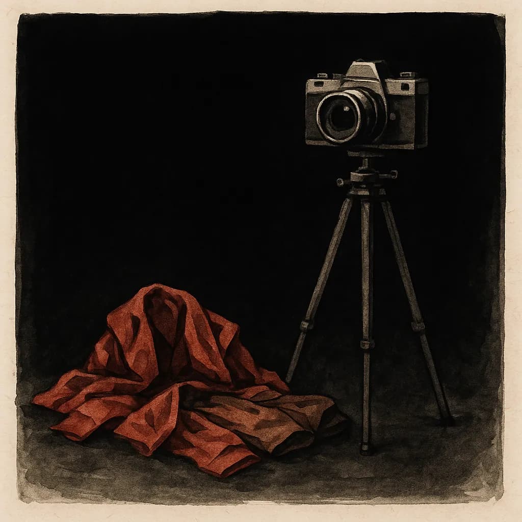 Intimate filming setup with discarded clothing and camera equipment