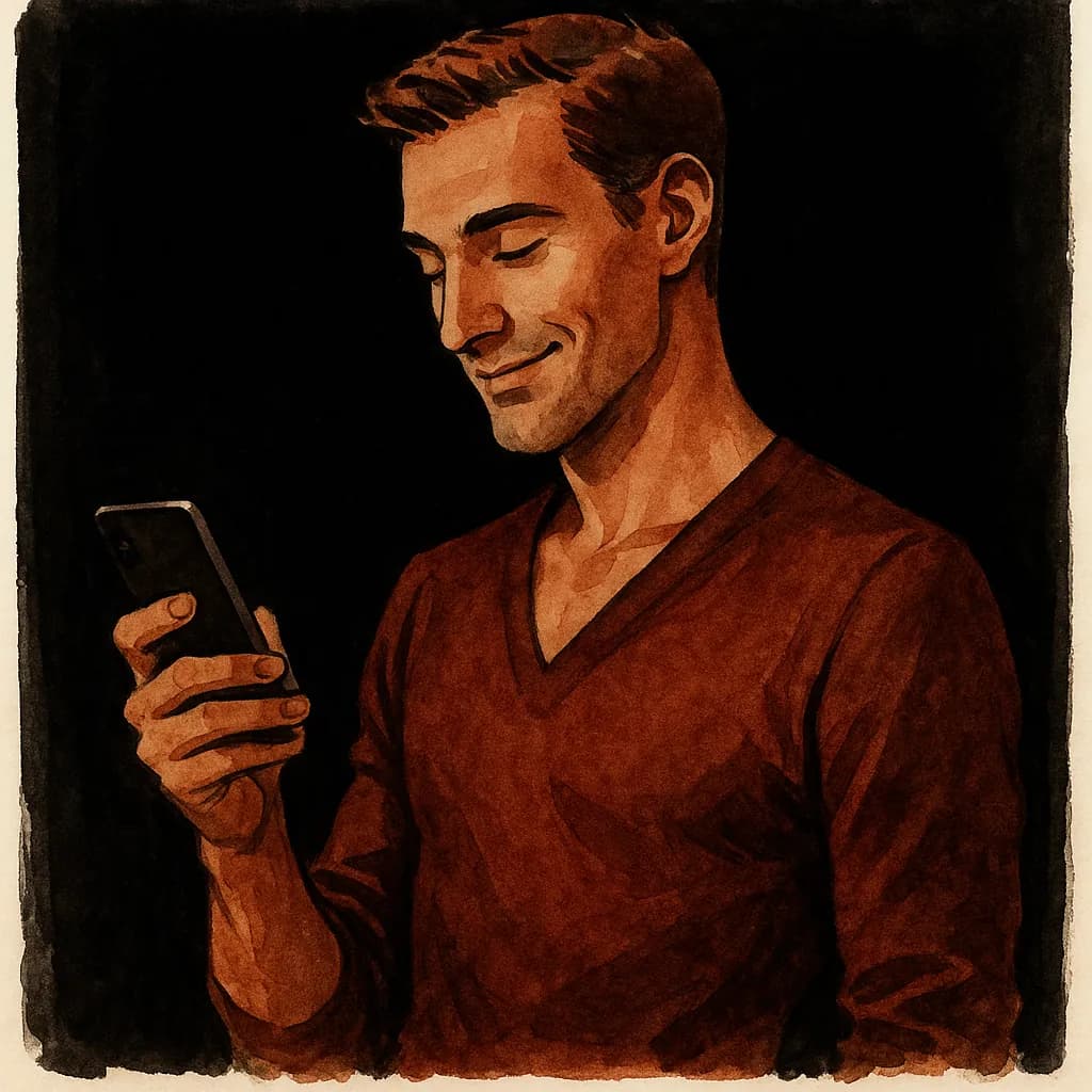 A man looking at his phone screen pleased with the sexting conversation