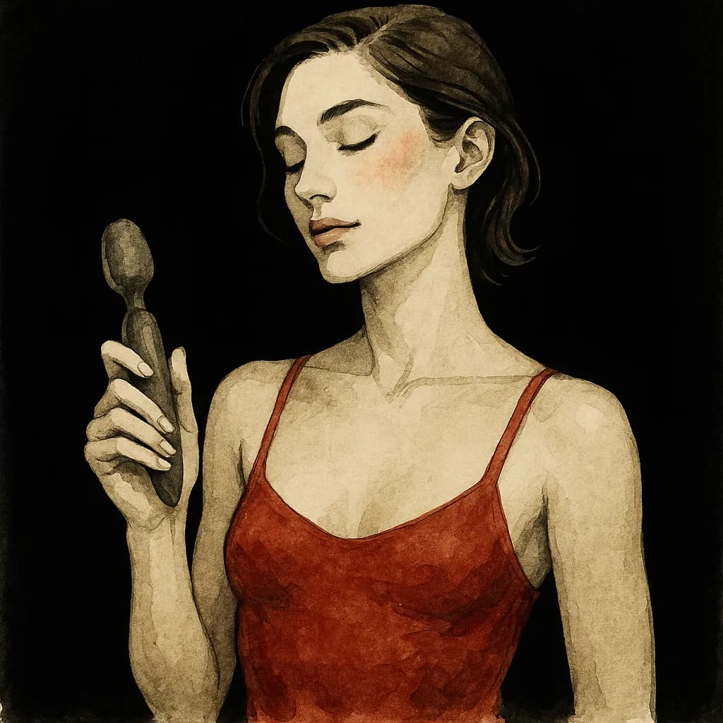 A woman holding a vibrating toy for orgasm control play