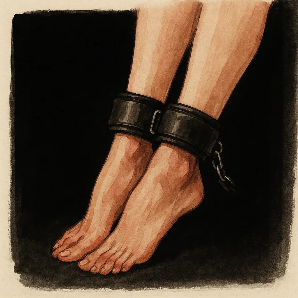 Padded ankle cuffs being attached