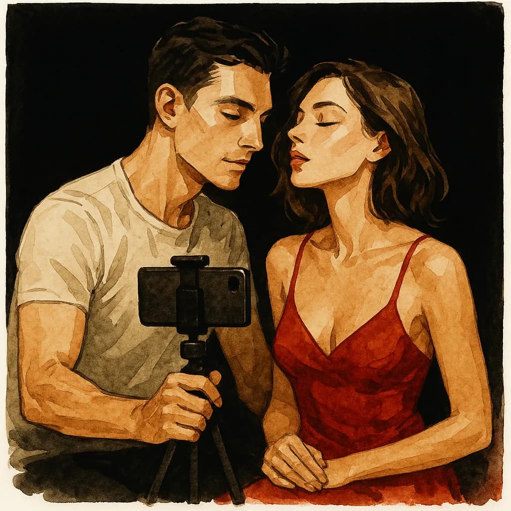 A couple recording an intimate video together in a consensual setting