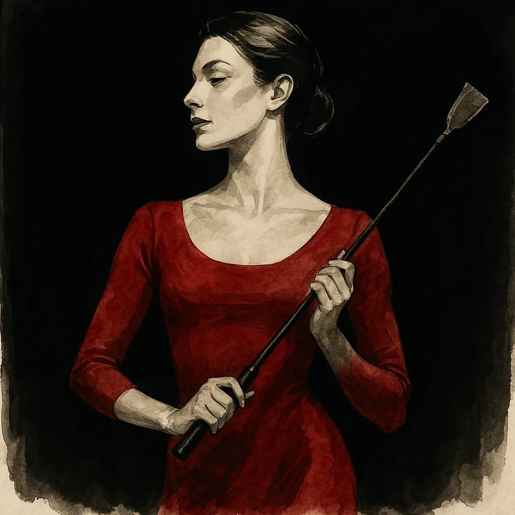 Woman holding a riding crop ready for office discipline roleplay