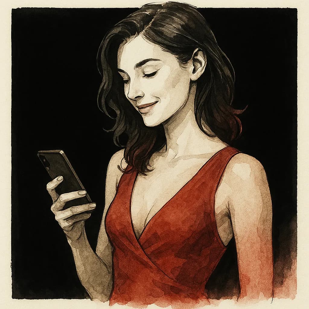 A woman looking at her phone screen pleased with what she sees during sexting