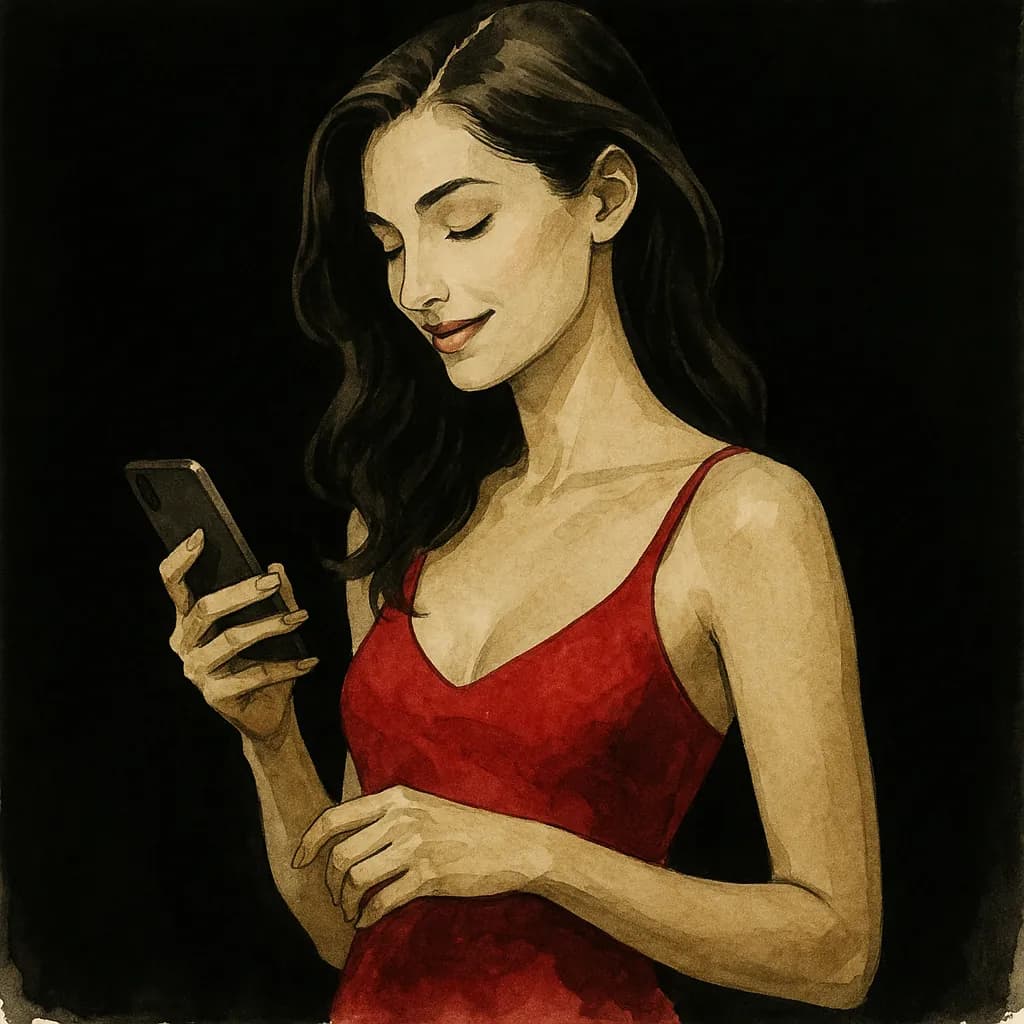 A woman looks at her phone screen with interest while exploring FetLife