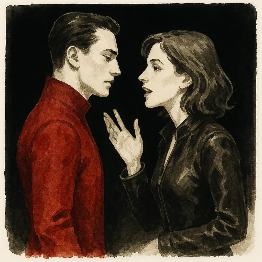 A powerful woman gestures to her submissive partner in a denial scene