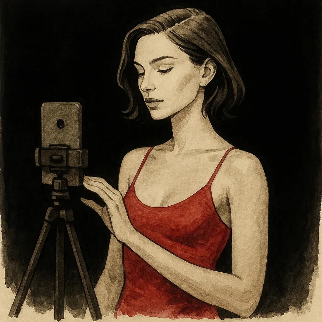 Woman setting up a webcam to video having sex
