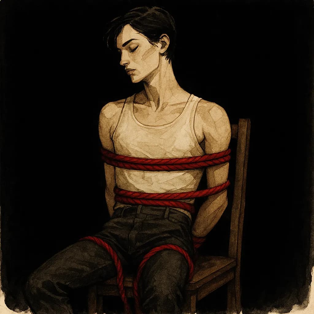 Person bound to a chair with rope in advanced edge play bondage