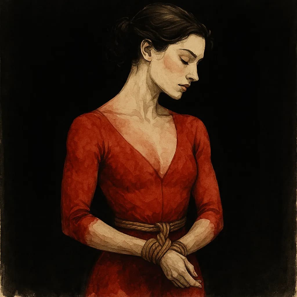 A woman with rope wrapped around wrists and waist in a double column tie rope bondage configuration