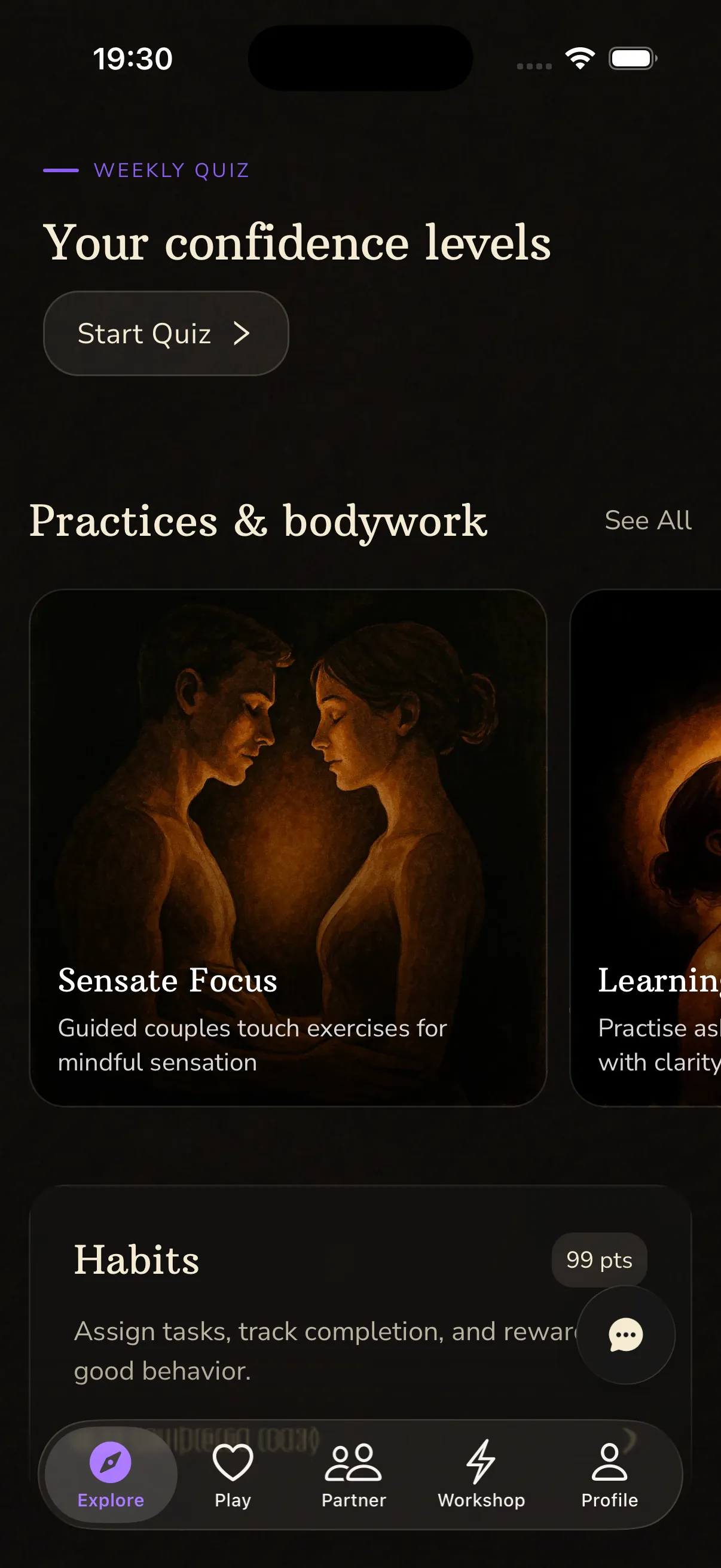 Redesigned BeMoreKinky home screen with therapy, tasks, and daily comparisons