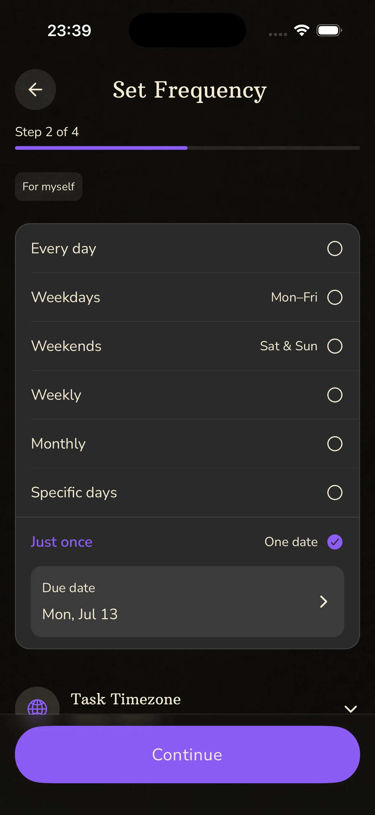 BeMoreKinky one-time task card showing a due-today status