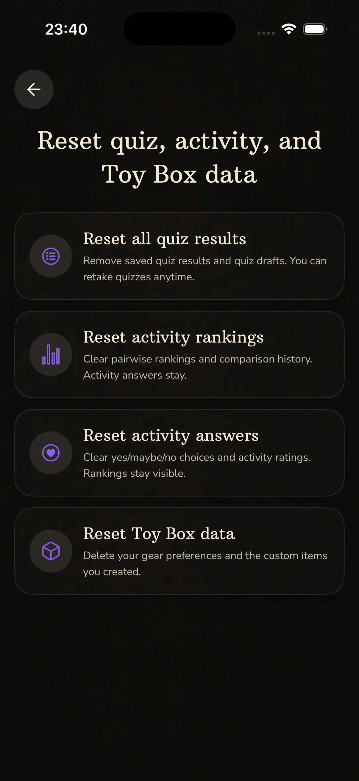 BeMoreKinky reset data controls for quiz results, rankings, and answers