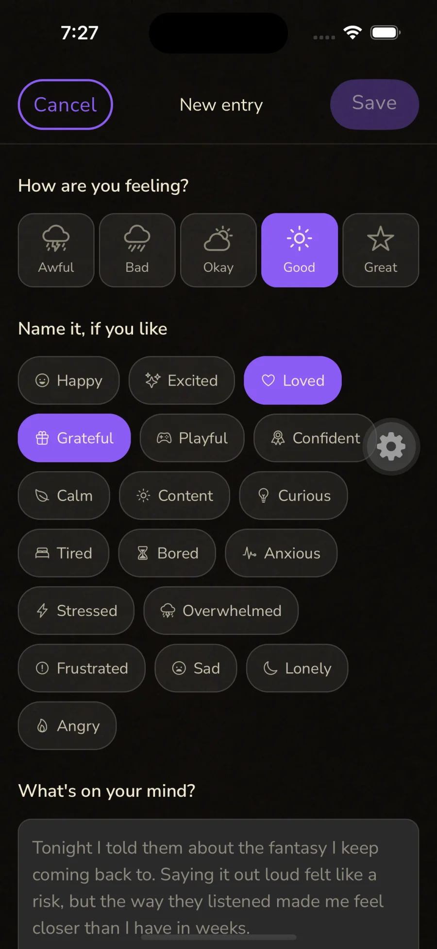 A new Journal entry showing the mood selector set to Good, emotion tags like Loved and Grateful highlighted, and a reflection note