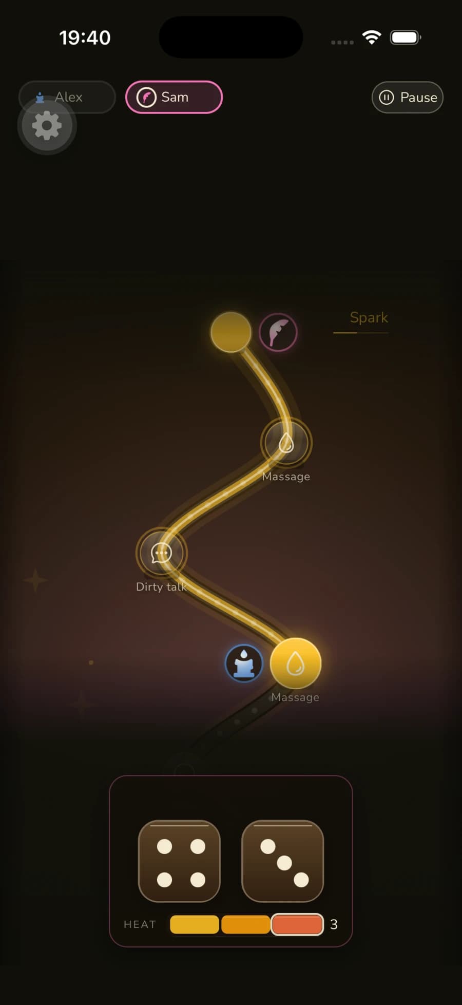 The Path board game: a glowing winding path with prompt waypoints like Massage and Dirty talk, both players' pieces, a dice tray, and the heat meter
