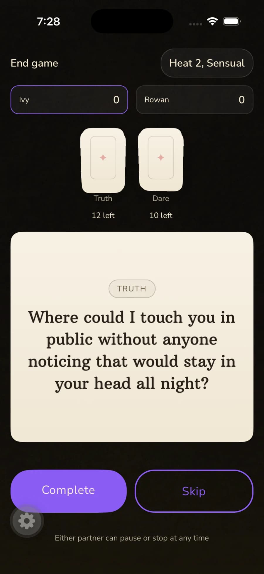 A Truth or Dare truth card revealed during play, with the current heat level, running score, and Complete or Skip actions