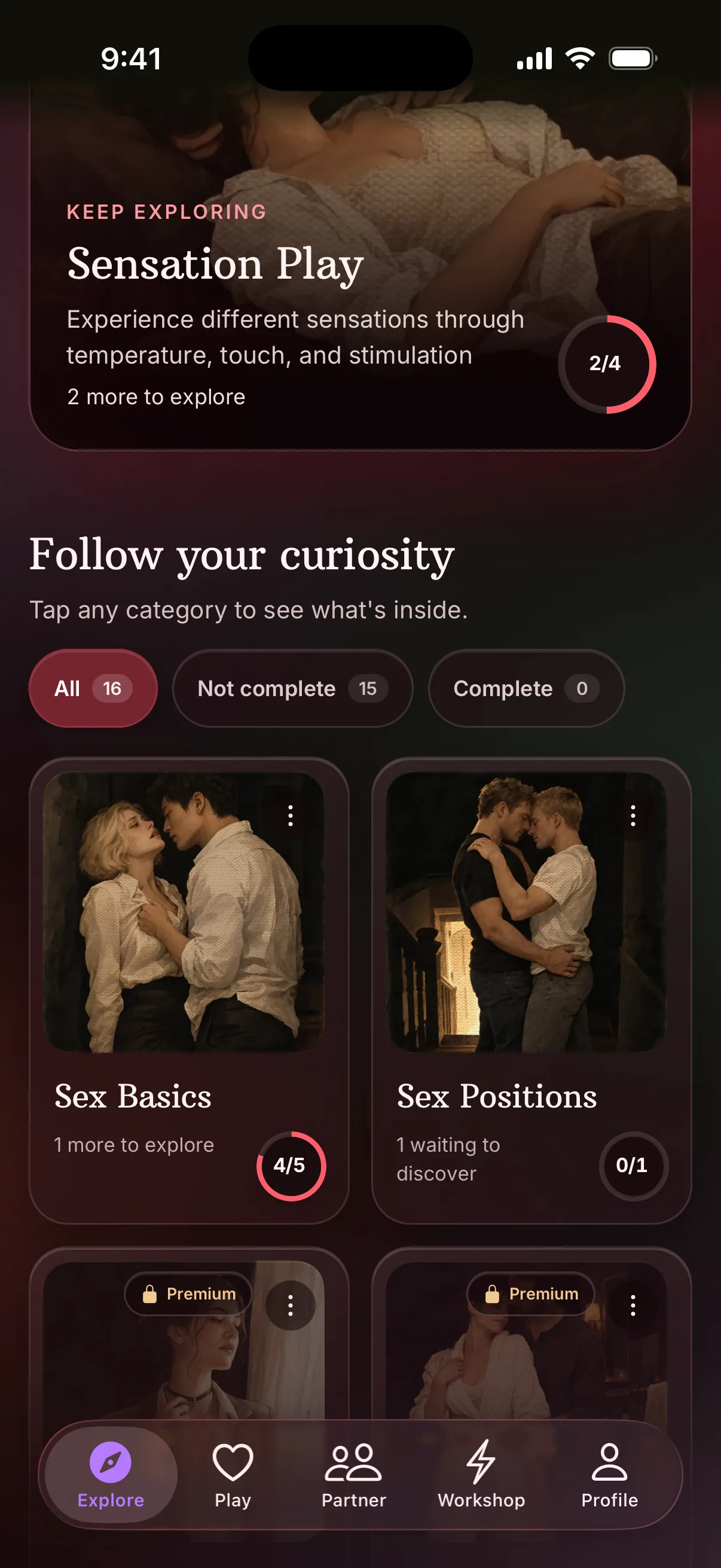 Explore category grid opening on Sex Basics and Sex Positions, both with new illustrated tile art