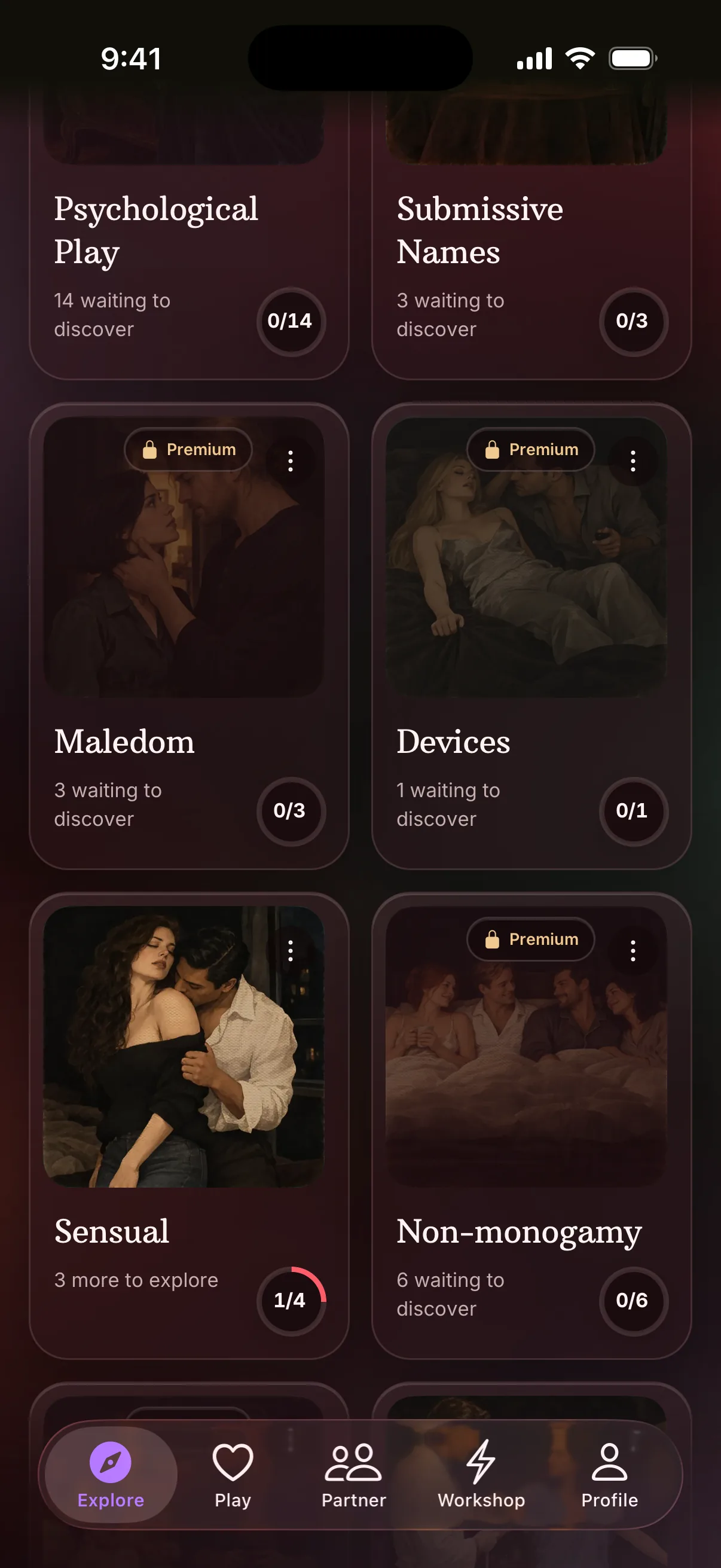Maledom in the category grid with its new tile art, beside Devices, Sensual and Non-monogamy
